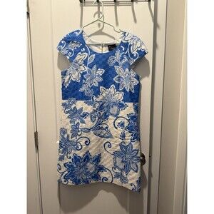 TAYLOR Brand Blue & White Cap-Sleeve Dress Floral Round Neckline Lined Size 10